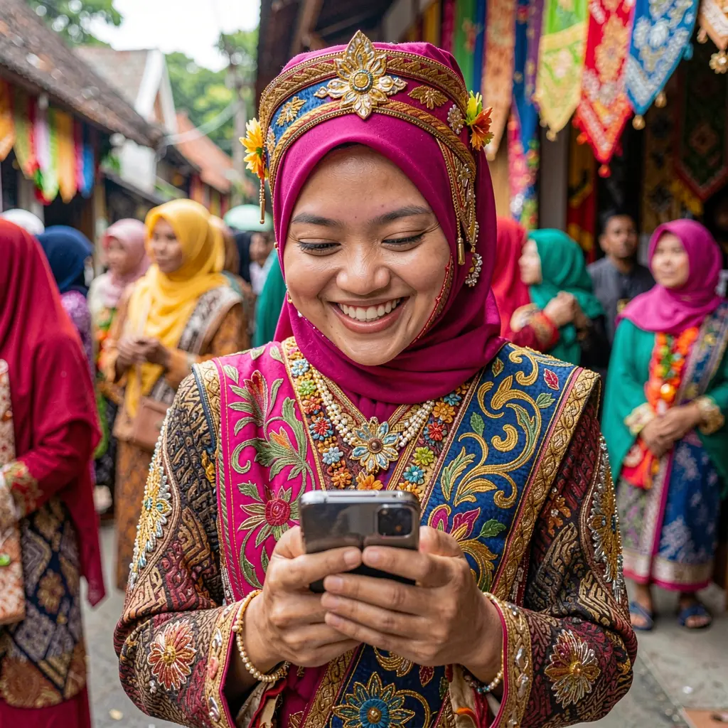 Smiling Malaysian woman wearing a traditional hijab looking at her phone enjoying colorful mobile gaming scenes on the BANTUAN88 app